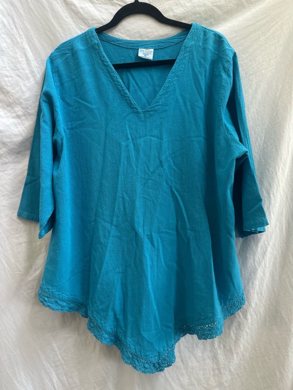 Sea Breeze V-Neck Tunic with Lace Hem in Turquoise